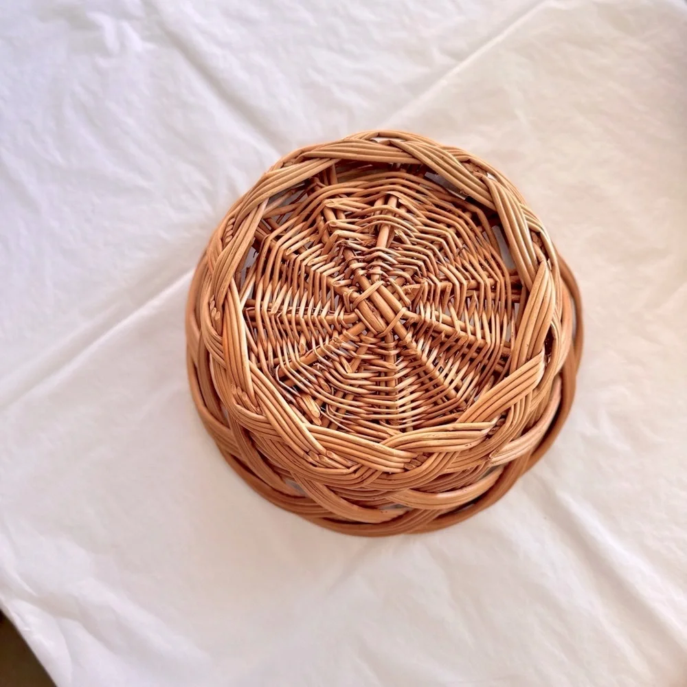 10” Vintage Wooden Tan Woven Basket Rustic Bohemian Bread & Fruit Bowl Basket